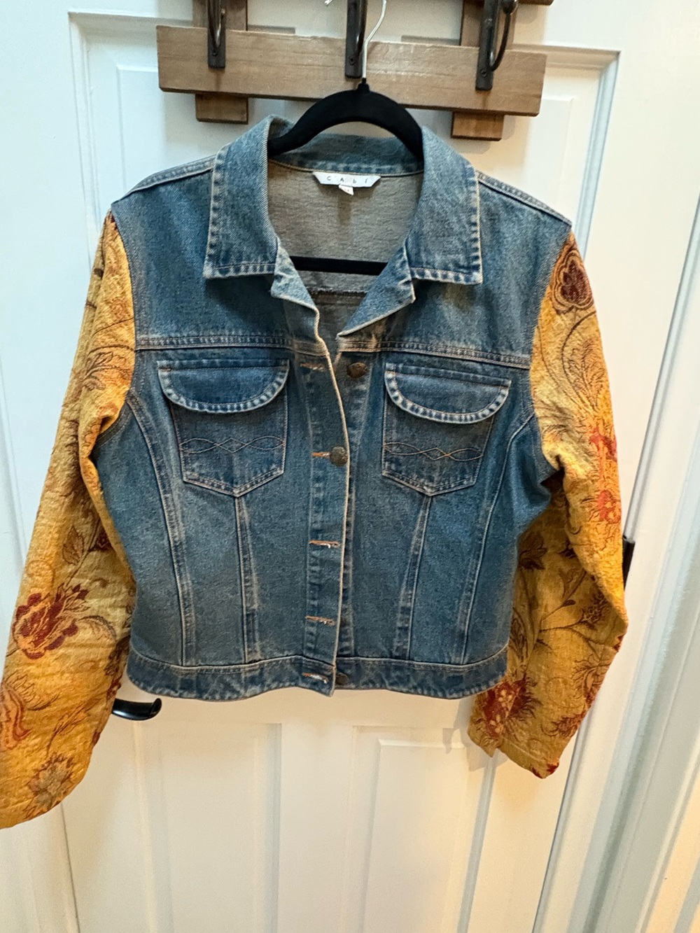 CAbi Blue Denim Jacket with Yellow Floral Tapestry Sleeves